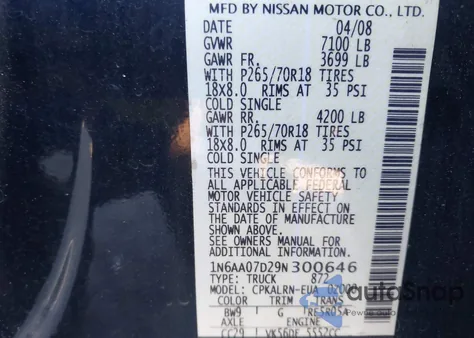 2009 Nissan Titan Xe из США, поврежденный, VIN 1N6AA07D29N300646